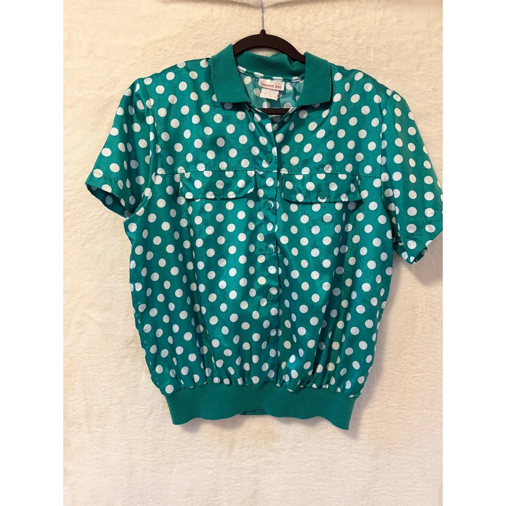 Lauren Lee Vintage Polka Dot Blouse Womens 18 Green Short Sleeve Button Up Top